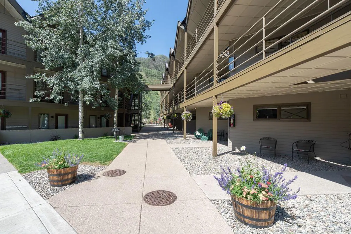 The image captures the lodge’s lush greenery, vibrant flower planters, and walkways leading to balconies, all bathed in natural sunlight. The outdoor space invites both relaxation and social interaction after a day of adventure.